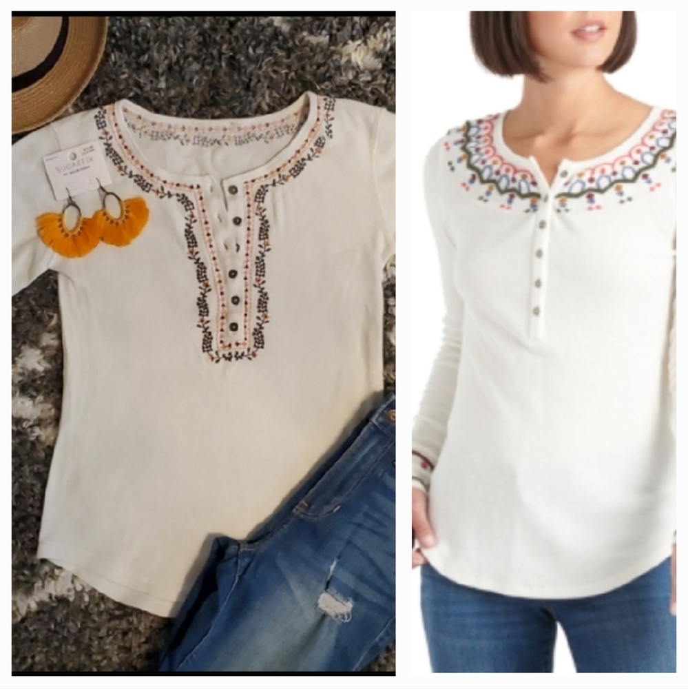 Lucky Brand Bohemian Embroidered  Long Sleeve White Multi Henley Waffle Top